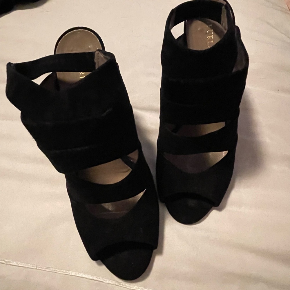 “Furla” black wrap-look peep-toe pumps. Euro 41, like a U.S. 10 (fits small).